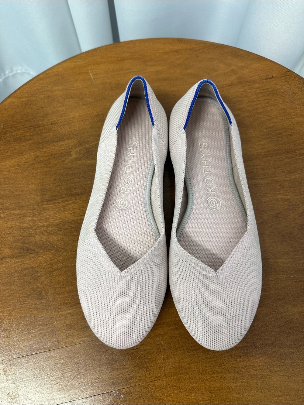 Rothy's Blush Pink Flats with Blue Trim